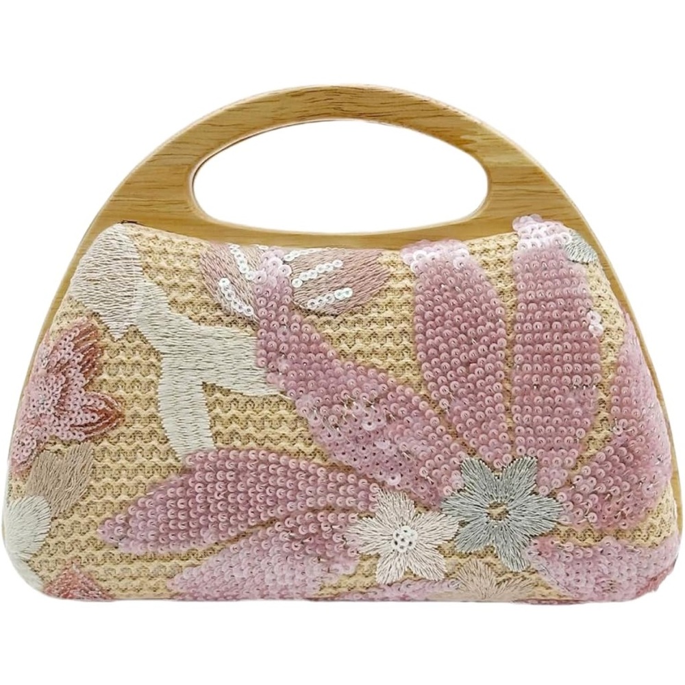 Light pink shimmery floral embroidered straw bag, optional crossbody